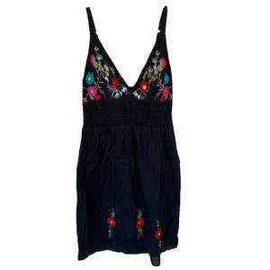 Ellen Parker Sundress Sz S Black Embroidered Floral Hippie Boho Summer Womens
